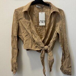 Zara Women'  Cropped Collared 100% Linen Shirt In Sand Size M 2624/500/711